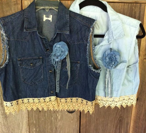 20225 Patsy Cropped Chambray Vest $85 has tea stained crochet trim and a removable fabric flower. It comes in sizes small - plus.